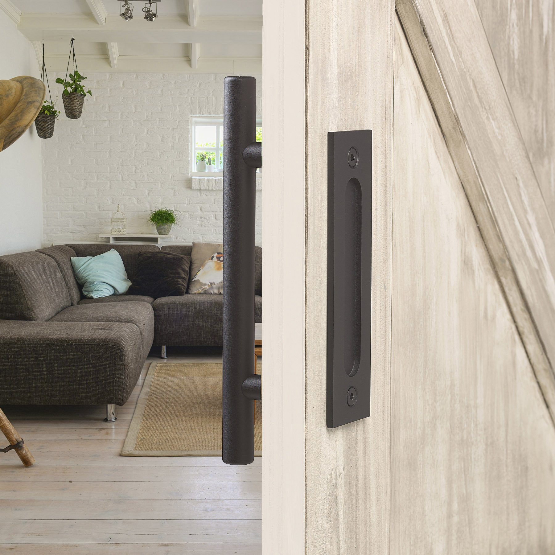 12" Round Barn Door Pull with Flush Plate & Latch | Matte Black - MJC & Company