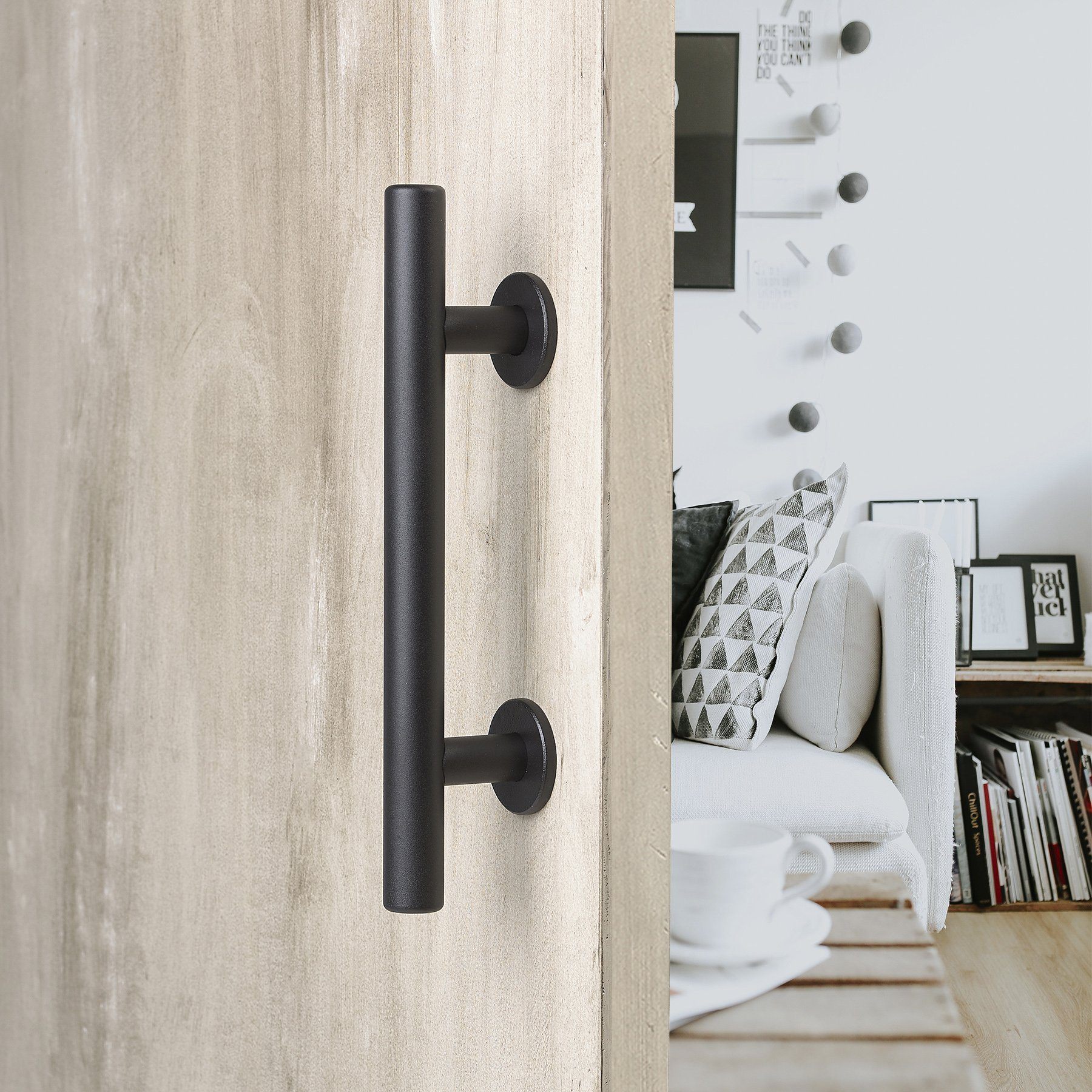12" Round Barn Door Pull with Flush Plate & Latch | Matte Black - MJC & Company