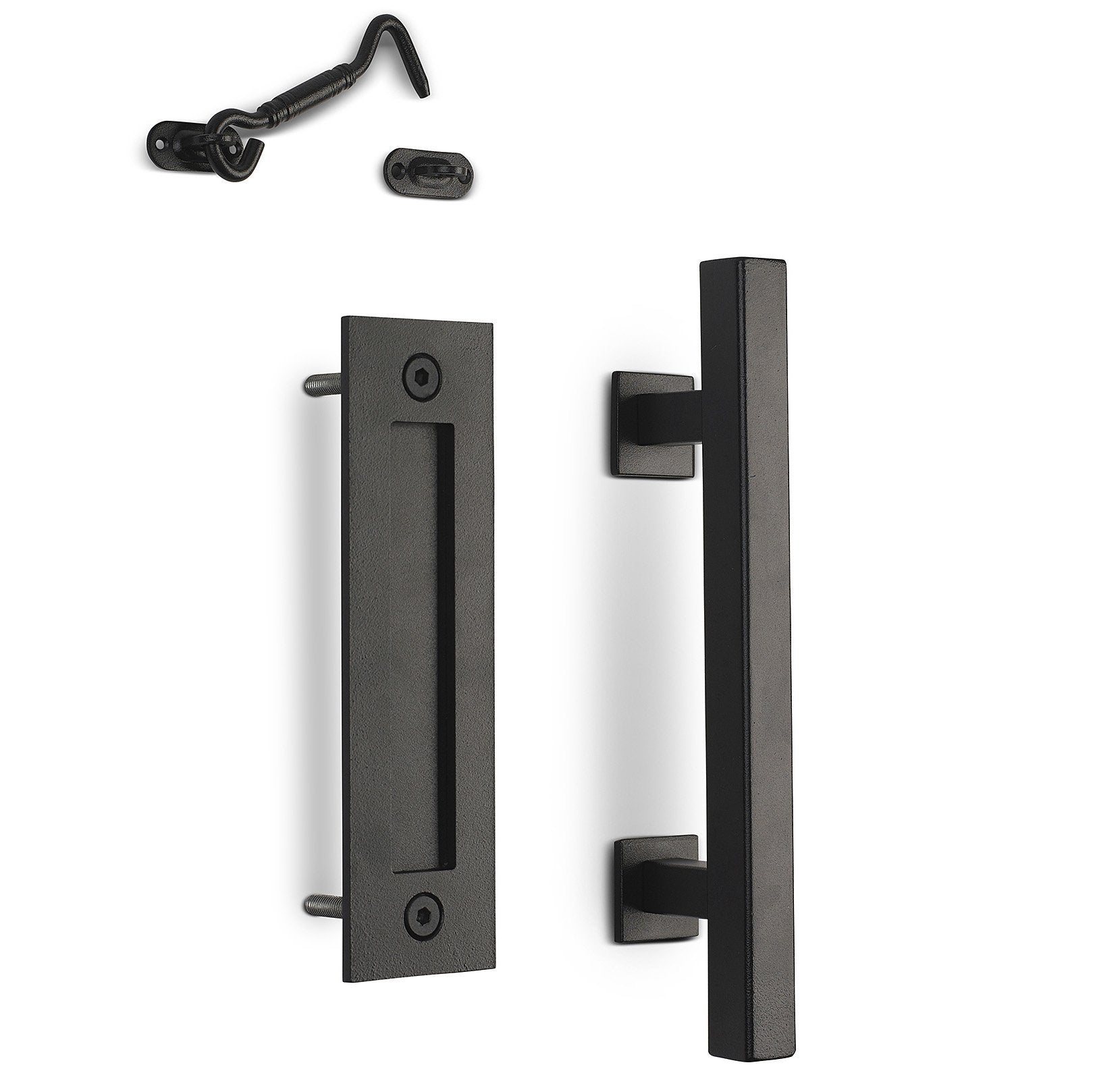 12" Square Barn Door Pull with Flush Plate & Latch | Matte Black - MJC & Company