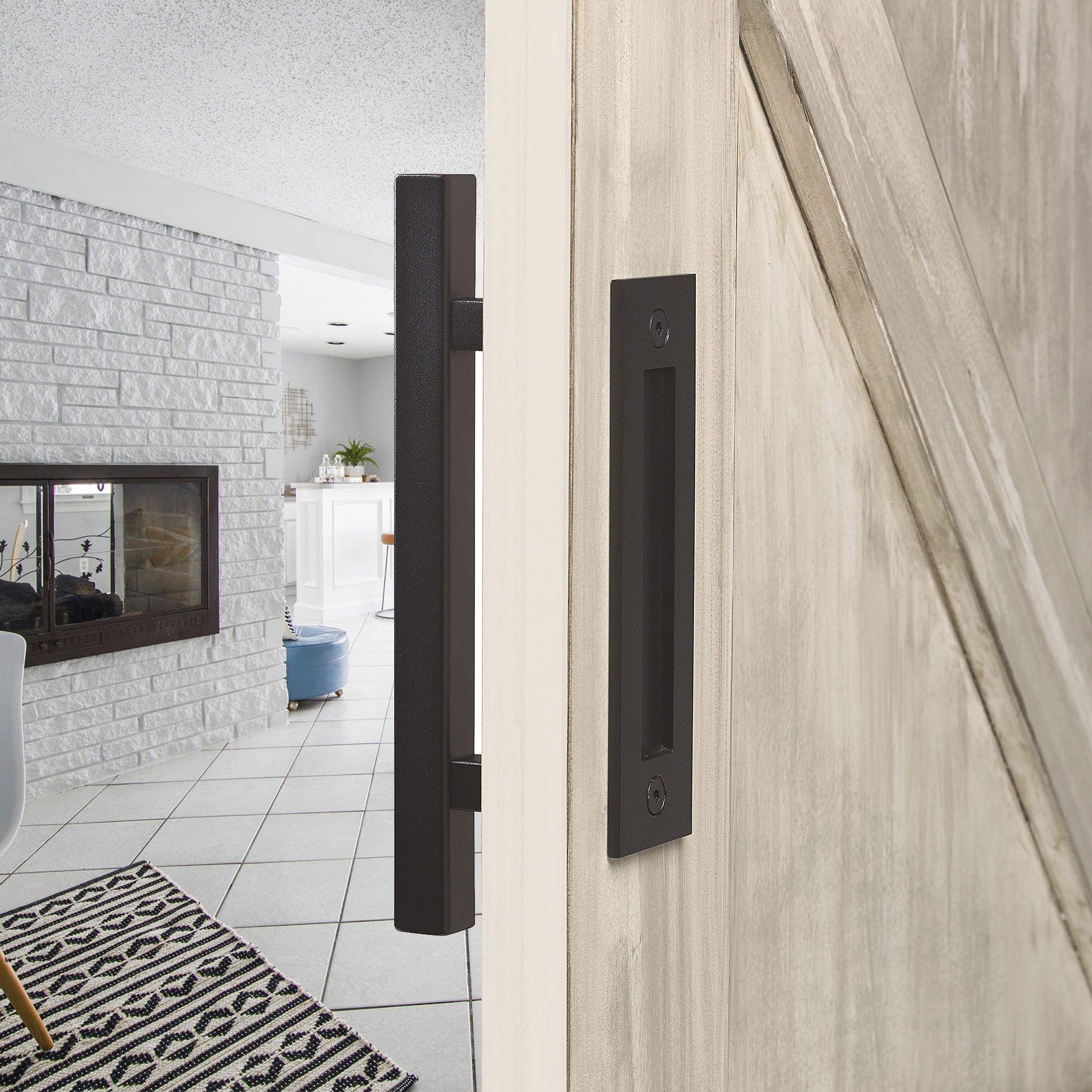 12" Square Barn Door Pull with Flush Plate & Latch | Matte Black - MJC & Company