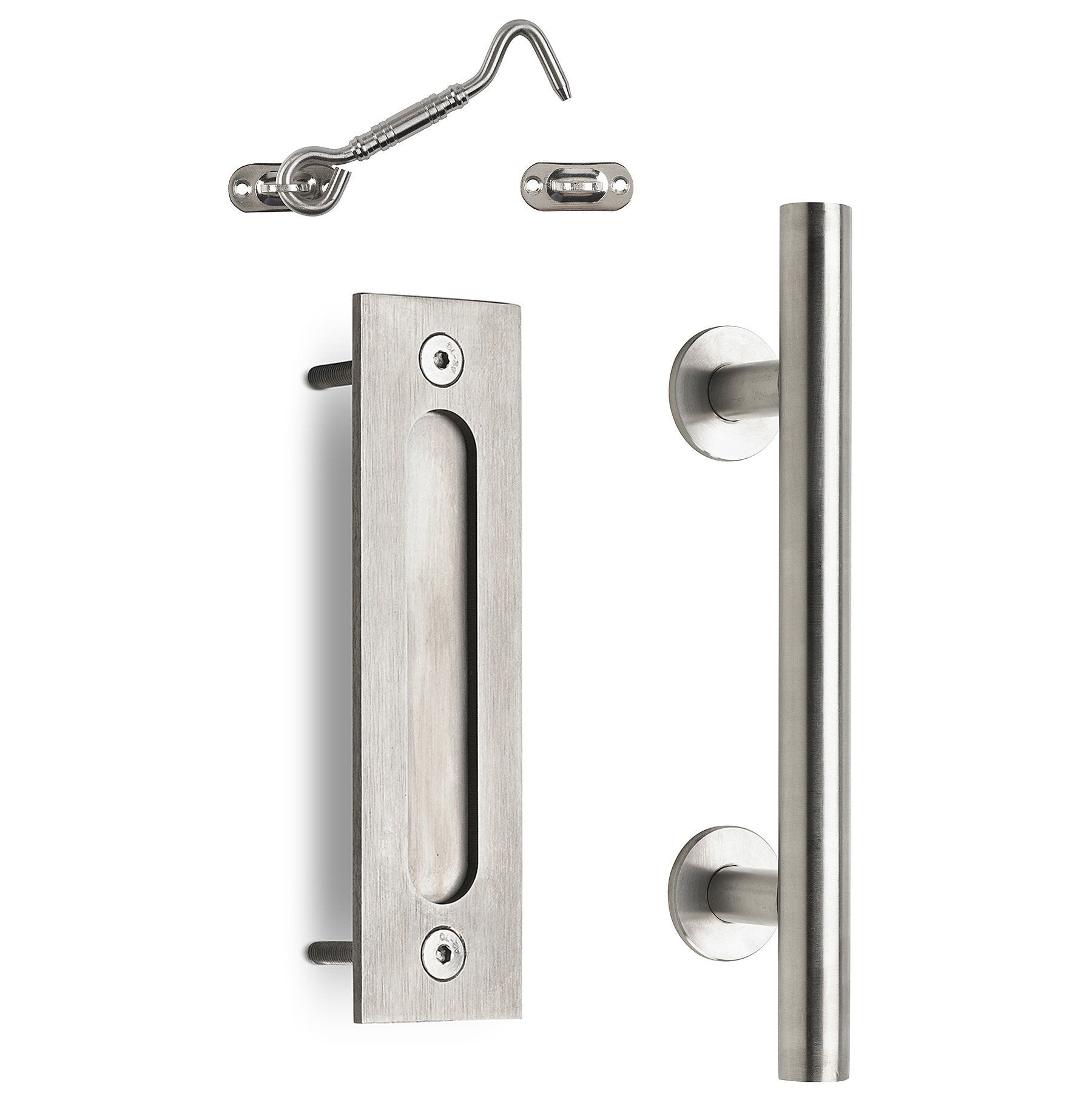 12" Round Barn Door Pull with Flush Plate &  Latch | Stainless Steel - MJC & Company