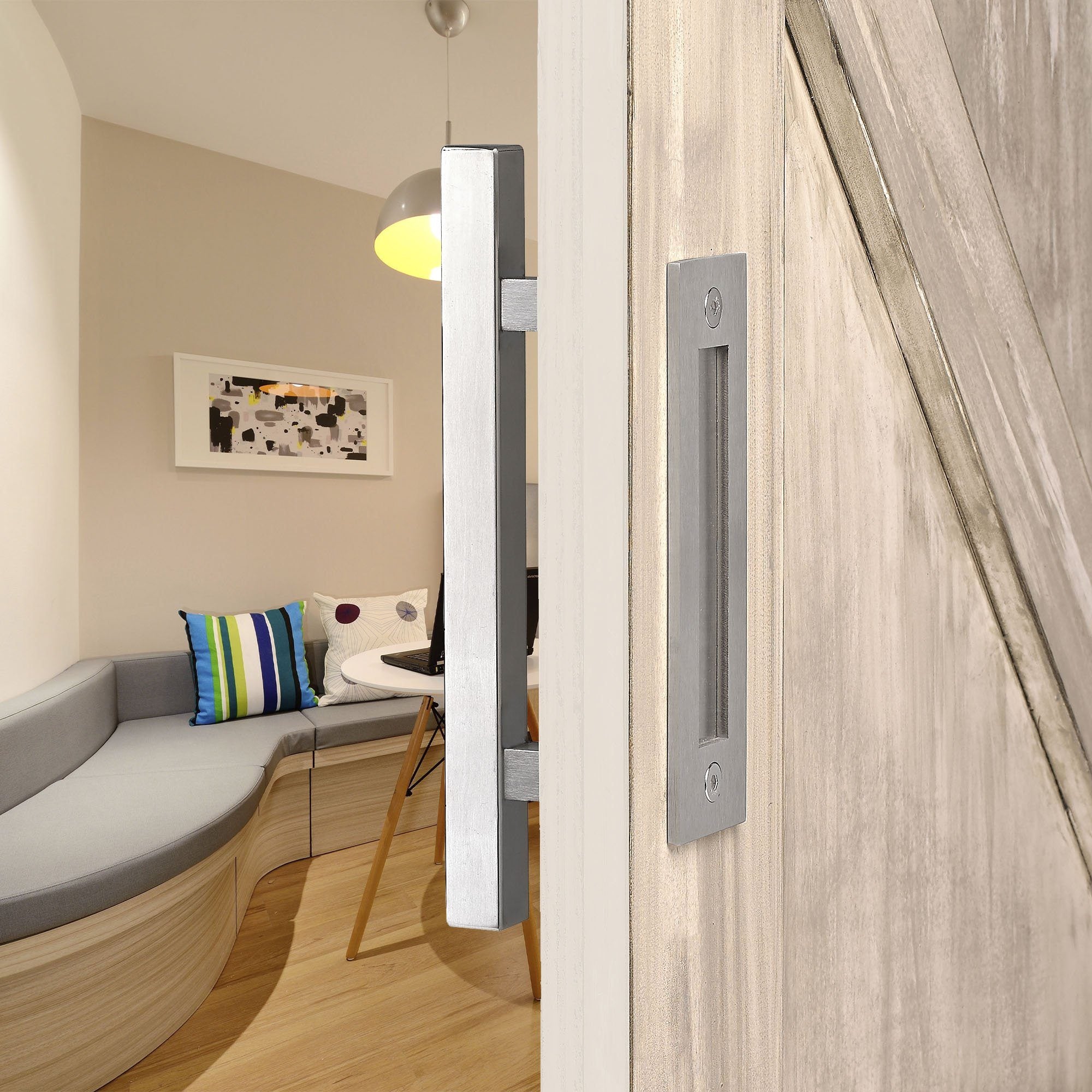 12" Square Barn Door Pull with Flush Plate & Latch | Stainless Steel - MJC & Company
