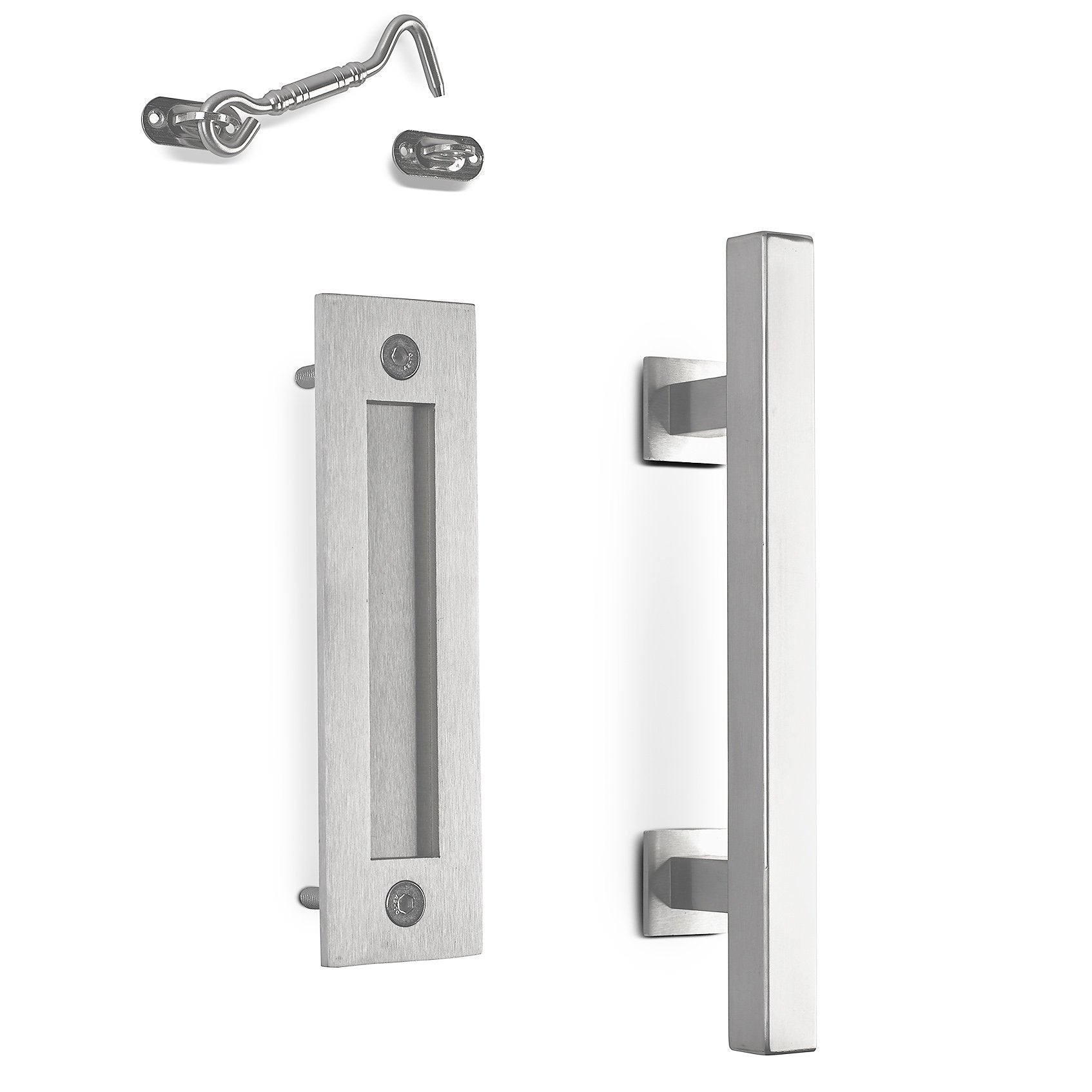12" Square Barn Door Pull with Flush Plate & Latch | Stainless Steel - MJC & Company