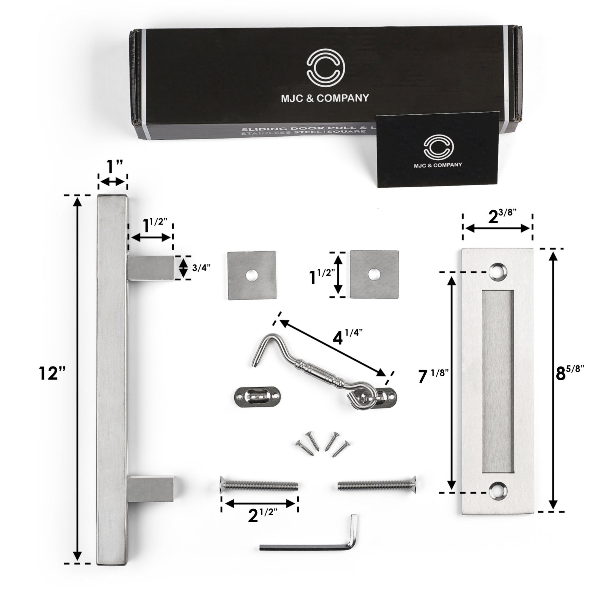 12" Square Barn Door Pull with Flush Plate & Latch | Stainless Steel